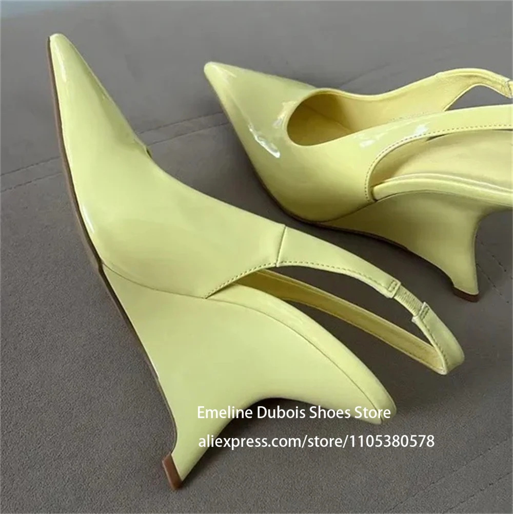 

Patent Leather Pointed Toe Slingback Sculptural Wedge Heel Pumps Women Ankle Strap High Heels Runway Designer Elegant Dress Shoe