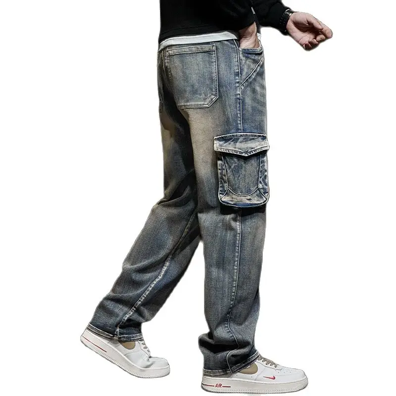 

Classical Retro Big Pocket Jeans Men Casual Straight Denim Pants Loose Baggy Cargo Pants Streetwear Hiphop Harem Trousers