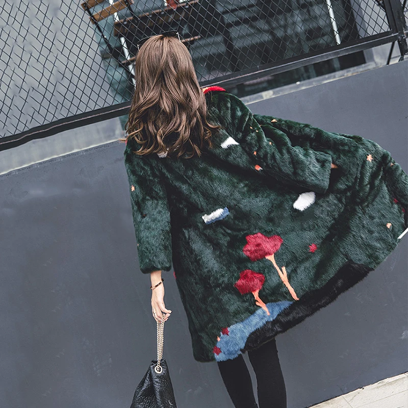 Ftangaiur Winter Import Velvet Mink Fur Coat Half Turn-Down Collar With Flower Mink Coat Women Long Natural Real Mink Fur Coats