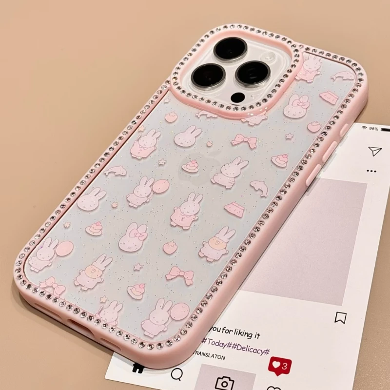 

New Kawaii Miffy Soft Silicone Phone Case with Diamond Around Cartoon Rabbit Head iPhone 16 15 14 12 13 11 Pro Max Girl's Gift