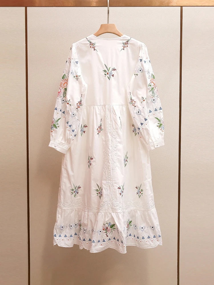 Women's Summer New Style Countryside Flower Embroidery Temperament V-neck Lantern Sleeve Dress Diamond Painting Cross Stitch