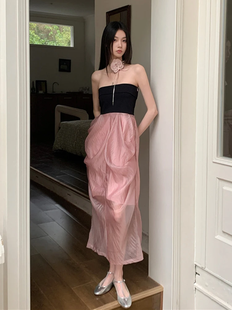 

Elegant Splicing Patchwork Long Dresses Spring Women Sleeveless Chest Hugging Dress New Summer High Waist Slim Knee Length Dress