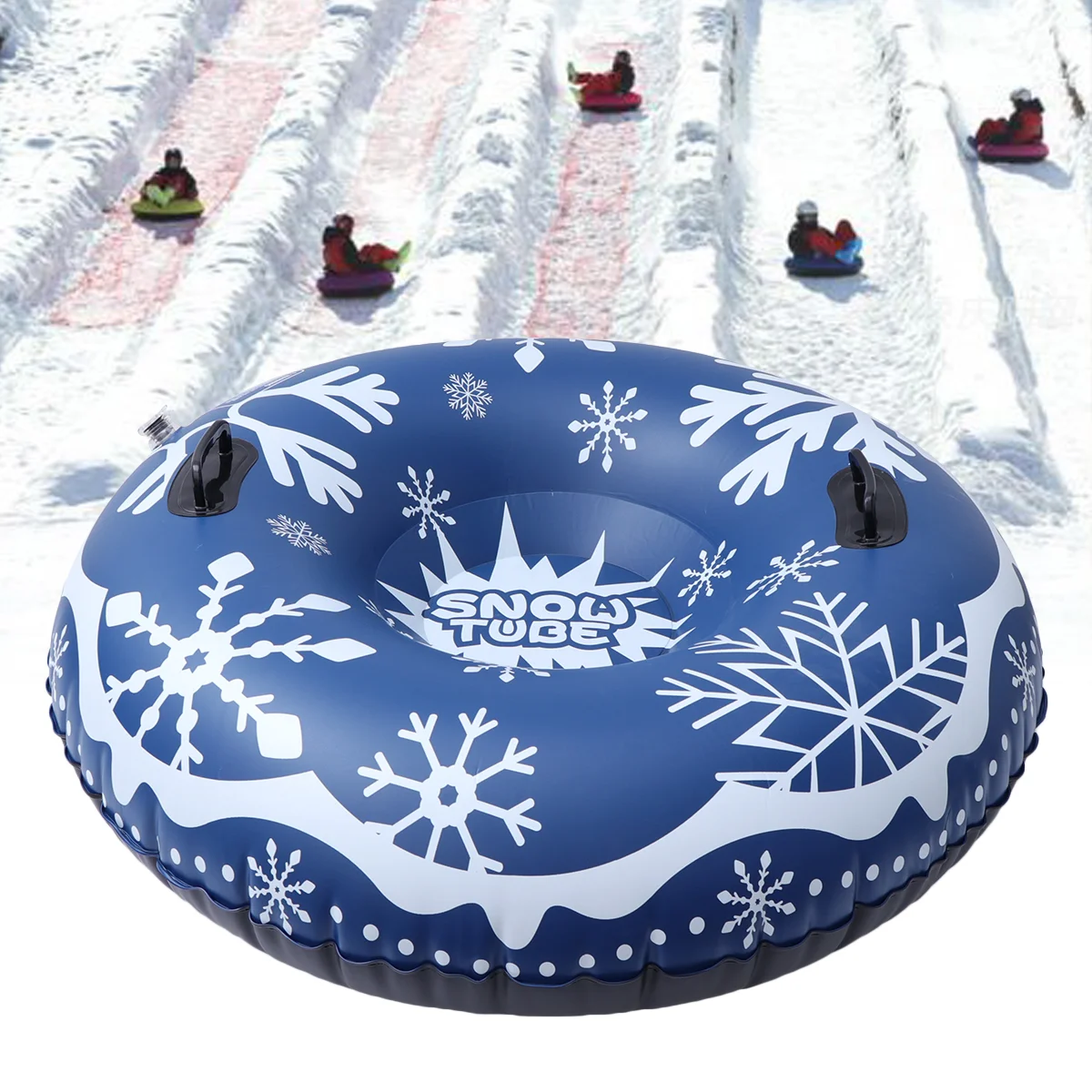 Tubo de nieve inflable azul de 47 pulgadas, trineo de nieve con estampado de copos de nieve de PVC, círculo resistente para esquiar, patinaje y juegos de nieve