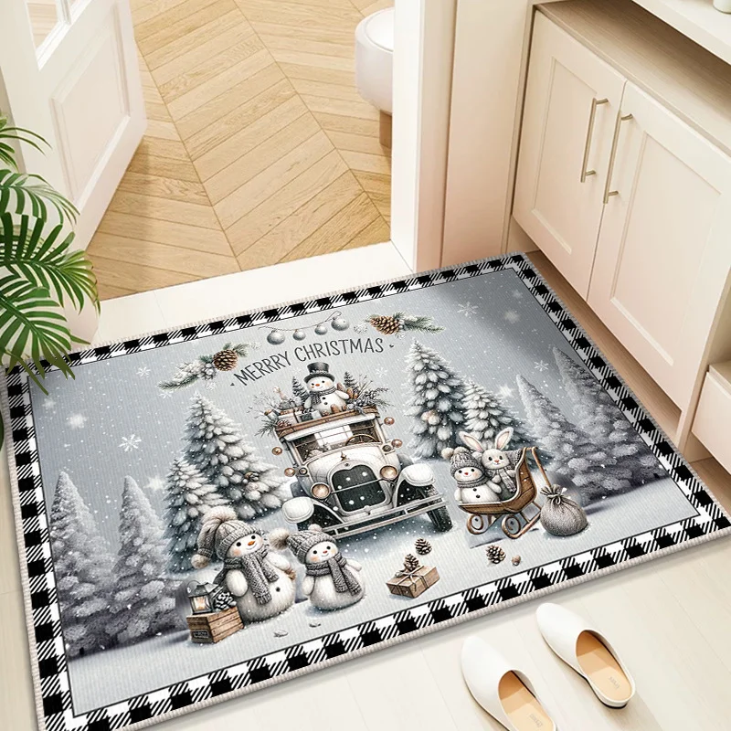 Paillasson de Noël VIKAMA, motif voiture vintage, bonhomme de neige, lapin, traîneau, scène hivernale, décoration de Noël 2027 pour la maison
