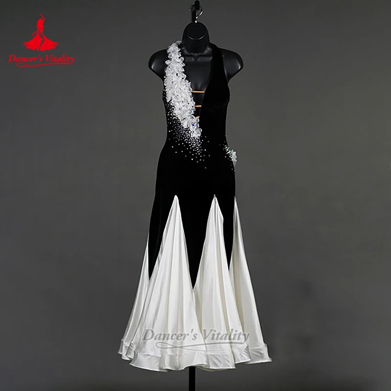 Ballroom Dance 2-tone Matching Deep-V Dresses Custom Adult&Child Waltz Tango Perform&Contest Backless Clothing Dancer's Vitality