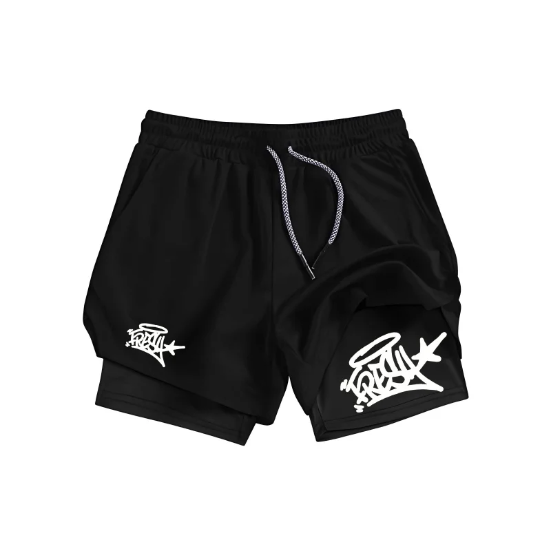 

Men'S Fresh Letter Print Running Shorts 2-In-1 Double-Deck Sportswear Gym Fitness Training Shorts Comfortable Short Pants