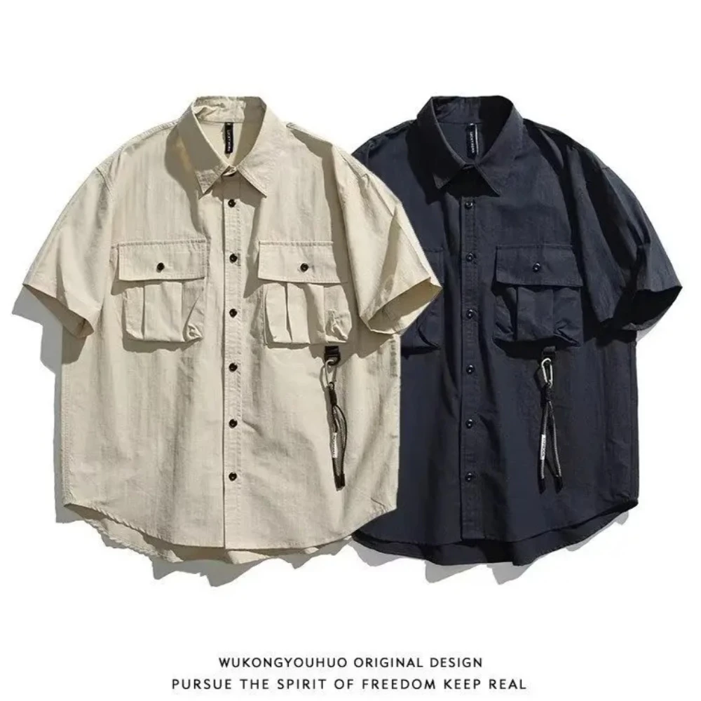 Men's Japanese Style Cargo Shirts Vintage Laple Short Sleeve Shirts 2026 Spring Summer Loose Casual Shirt Jacket Male Streetwear