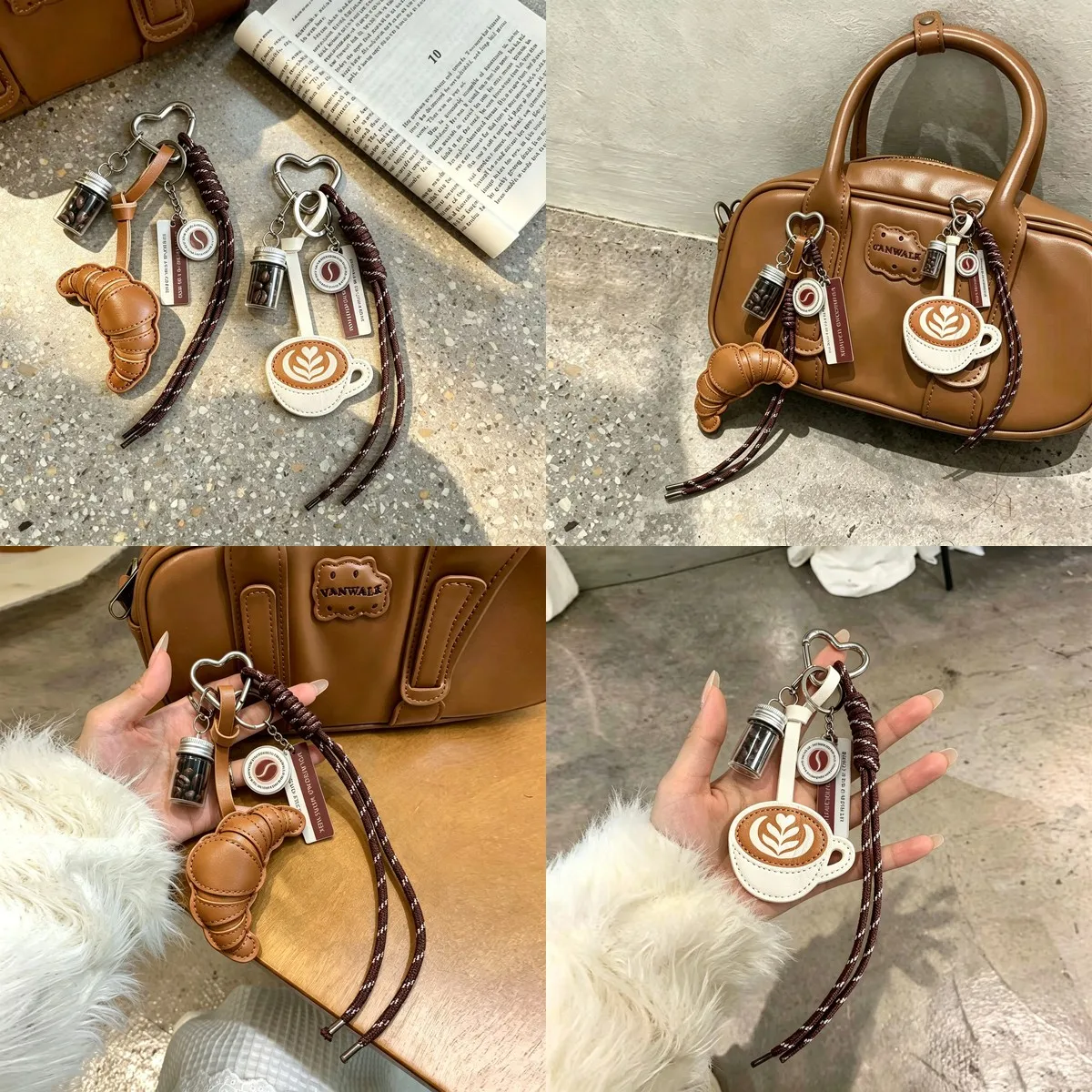 Double-Sided Stitched Horn-Shaped Bag Charm for Miu, Coffee Bean Pendant, Leather Coffee Cup Accessory, Minimalist Design