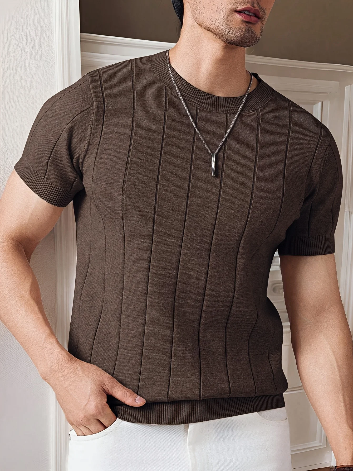 Summer Men Slim-fit Knitted T Shirt O Neck Solid Color Short Sleeve Casual Business Tees Trendy All-match Breathable Tops S-2XL