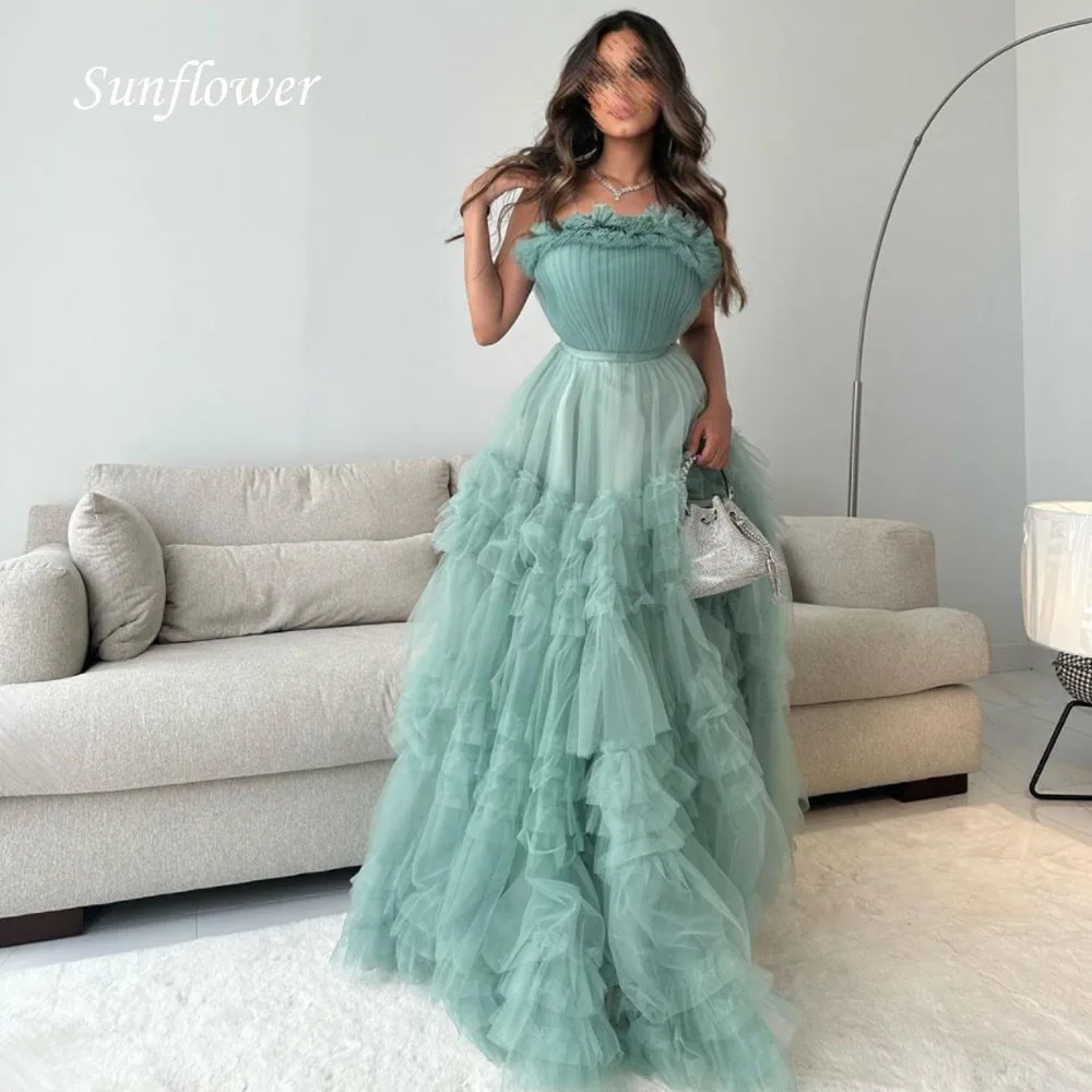 

Sunflower Exquisite Strapless Tulle Evening Dress 2023 Slim Tiered A-LINE High-end Custom Gown Floor-Length Sweep Train