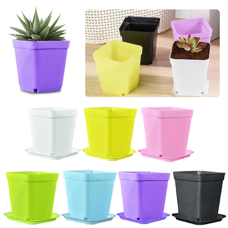 6/12/24PCS Random Colors Square Plastic Planters with Tray Gardening Props Indoor Outdoor Succulent Cactus Bonsai Home Decor ZYF