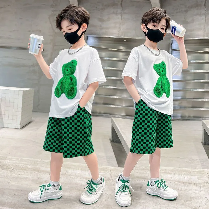 

Boys Summer Suit New Children's Cartoon Bear Tshirt and Shorts 2pcs Sports Suit Fried Street Clothes Kids Tracksuit 4-12 Years