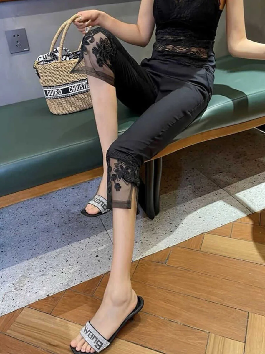 

Новые женские летние тонкие спортивные брюки-капри с высокой талией, прямые, эластичные, с кружевными вставками, повседневные