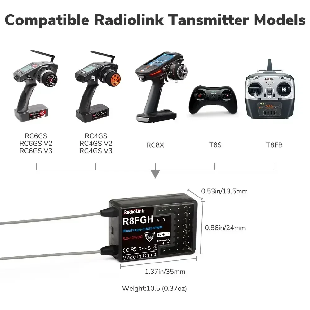 Radiolink R8FGH Gyro Receiver – 2.4GHz 8-Channel | Voltage Telemetry | 14S (58.8V) for RC Cars/Boats/Mowers/Robots