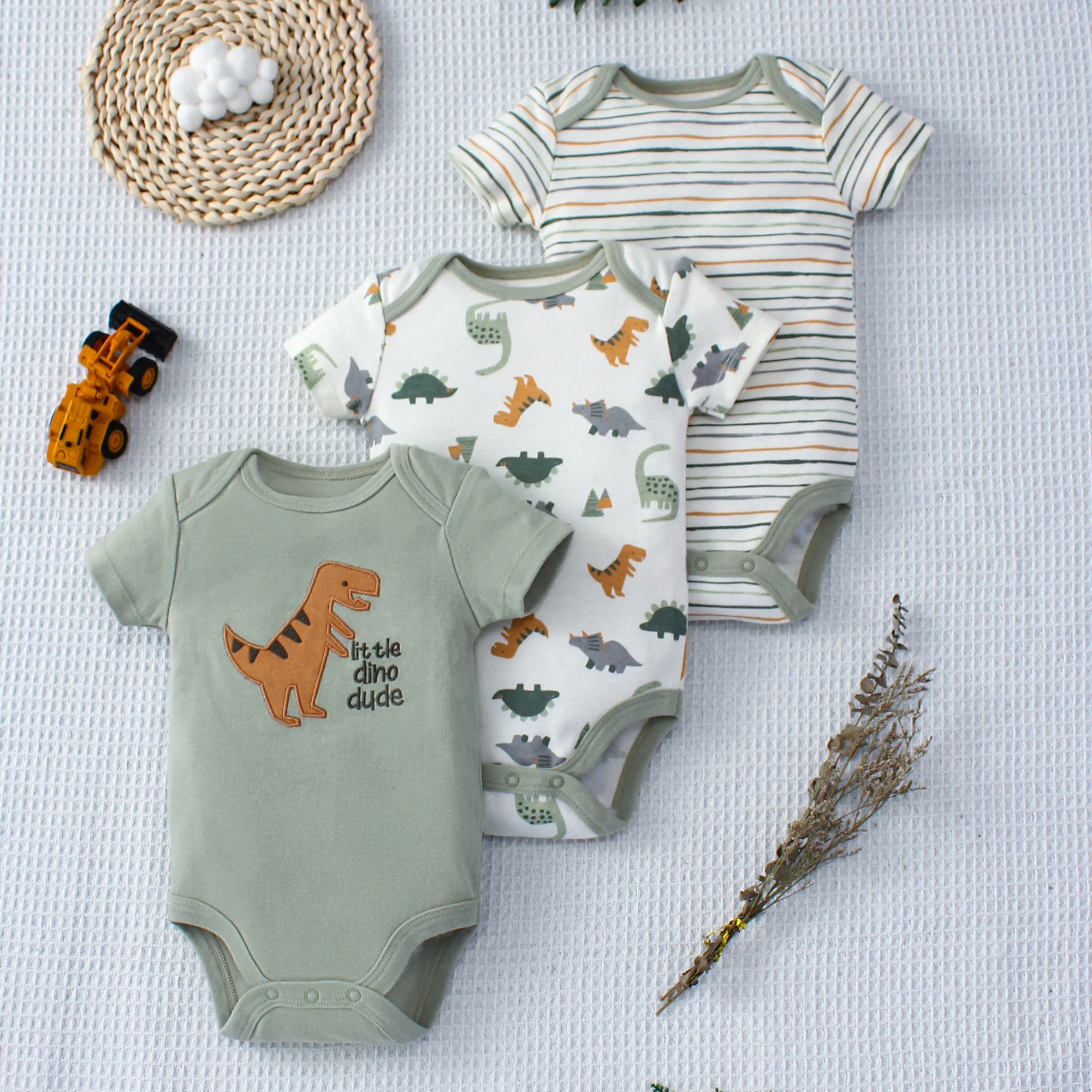 3PCS Summer Baby Bodysuit Three piece Set with Cartoon Dinosaur Pattern and Stripe Pattern Button Design for 0-9 Months Old Boys