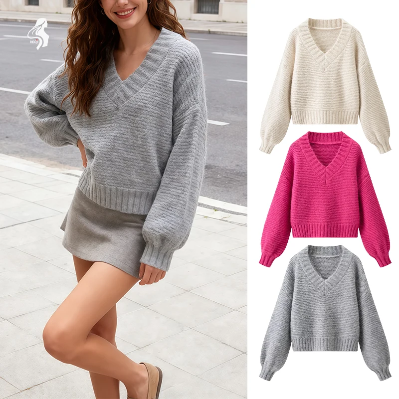 

Женский модный вязаный свитер с v-образным вырезом и рукавами-фонариками, укороченный вязаный свитер, осенне-зимний повседневный универсальный свитер Trafizaran
