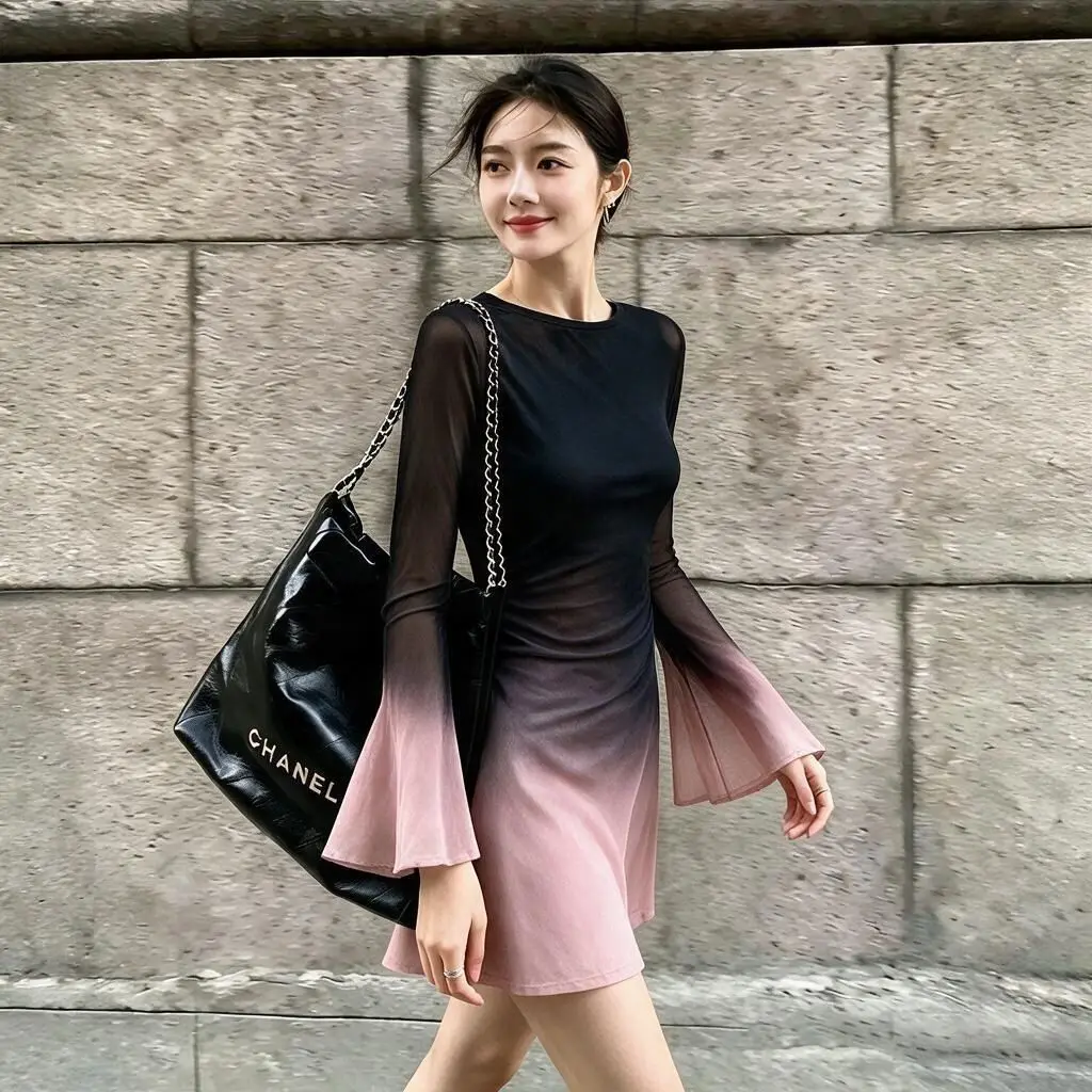 Gradual Black And Pink Long Sleeve round Neck A-Line  Dress Slimming Waist Design Vintage Print Low Waist Spring Autumn Wear