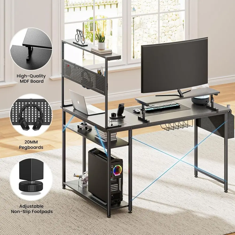 L-Shaped 52 Gaming Desk with LED, Monitor Stand, Storage, and Power Outlets