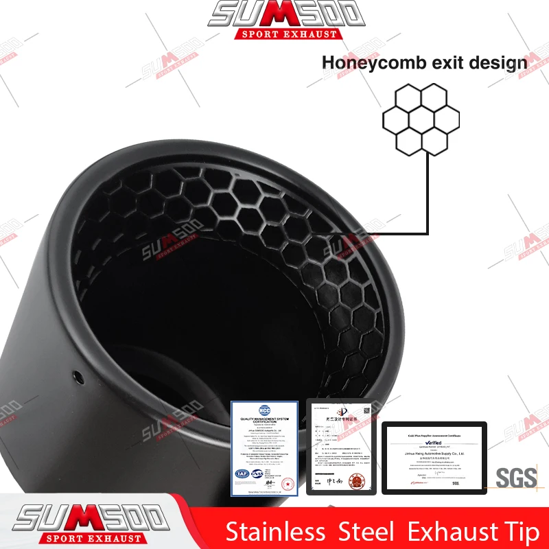 Genuine SUMSOO 1PCS Matte  black Stainless Honeycomb Double Outlet Exhaust Tips Universal Muffler 60MM 63mm