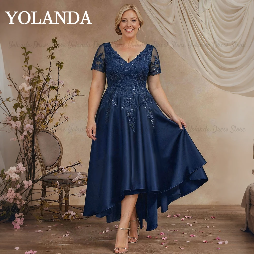 Yolanda vestido madrinha casamento Plus Size V‑Neck Lace Sequin Wedding Guest Dress Short Sleeve Hi‑Low Evening Gown Customized