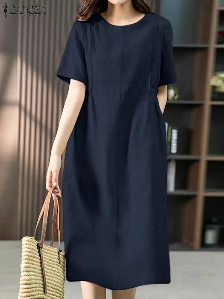 

ZANZEA Women Round Neck Baggy Midi Robe Vintage Round Neck Dress Elastic Strap Waist Vestidos Solid Casual Textured Fabric Dress