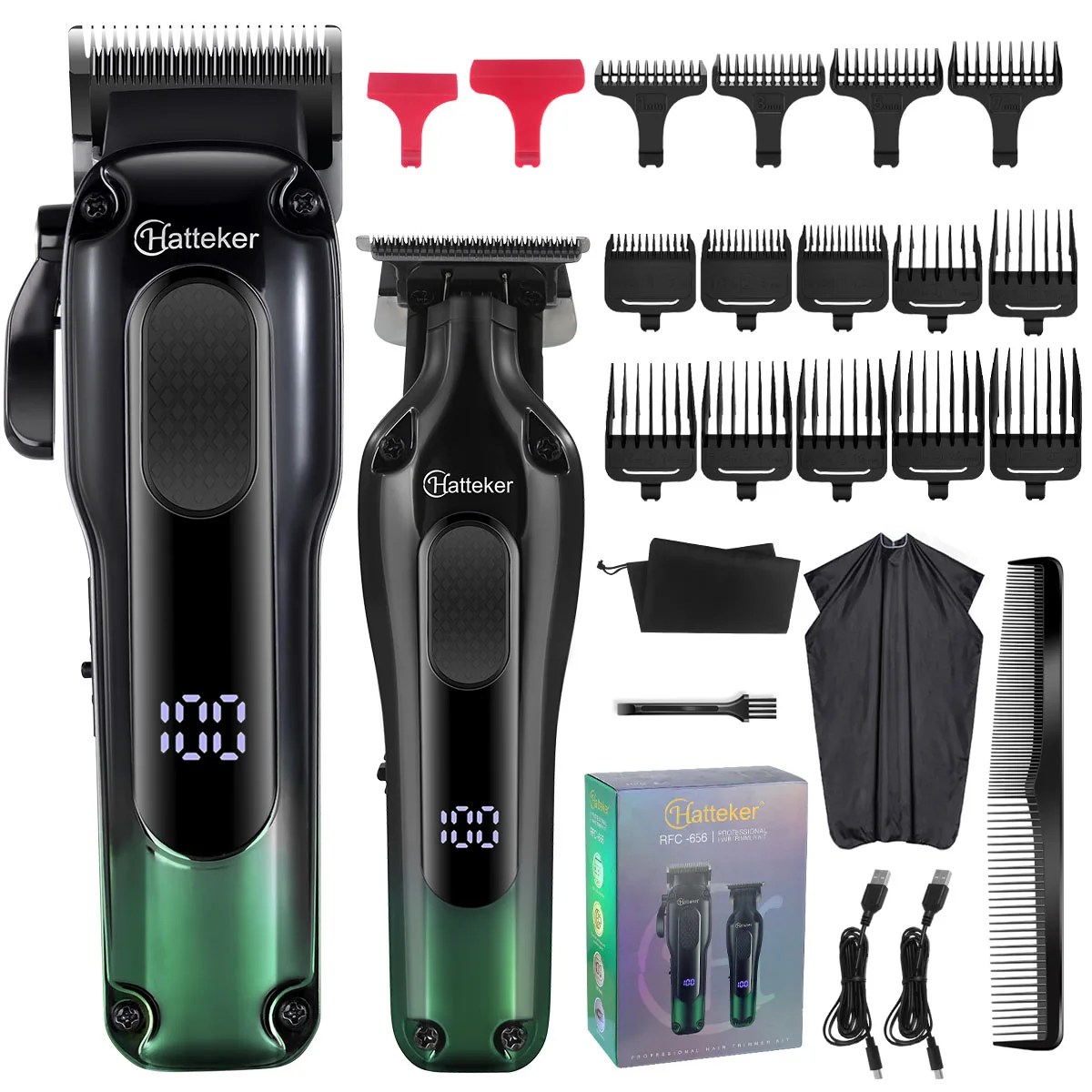Hatteker Professional Hair Clippers Set Zero-Gap T-Blade Trimmer with 150-Min Runtime & Multiple Guide Combs