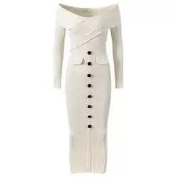 Designer Autumn White Beige Long Sleeve Knitting Dress Women Sexy Slash Neck Single Breasted Black Button Sheath Pencil Knitwear
