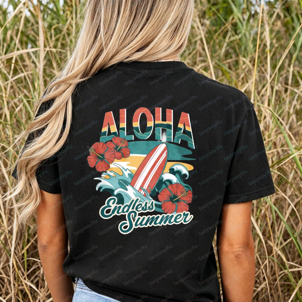 Aloha Endless Summer T-Shirt Women Retro Hibiscus Surfboard Wave Graphic Casual Short Sleeve Cotton Top Hawaiian Vacation Shirts