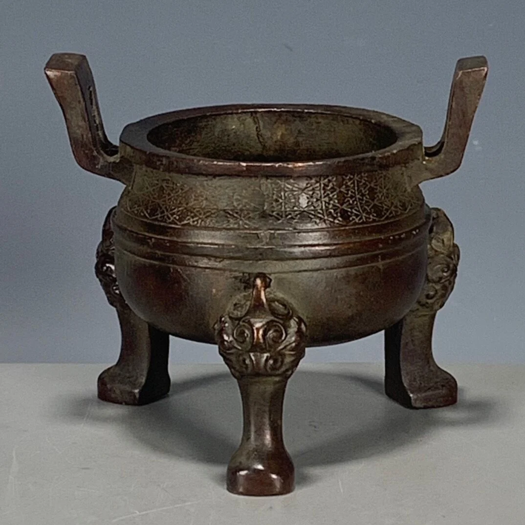 Old Bronze Ware Chu Dading Incense Stove Incense Set Home Tea Ceremony Tea Table Three legged Ding Opening Home Crafts