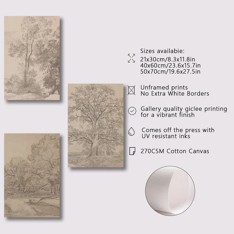 Canvas Wall Art 3 Pieces Poster Oak Tree Sketch Forest Print Posters Neutral Vintage Artwork Gift Painting Modern Room Decor