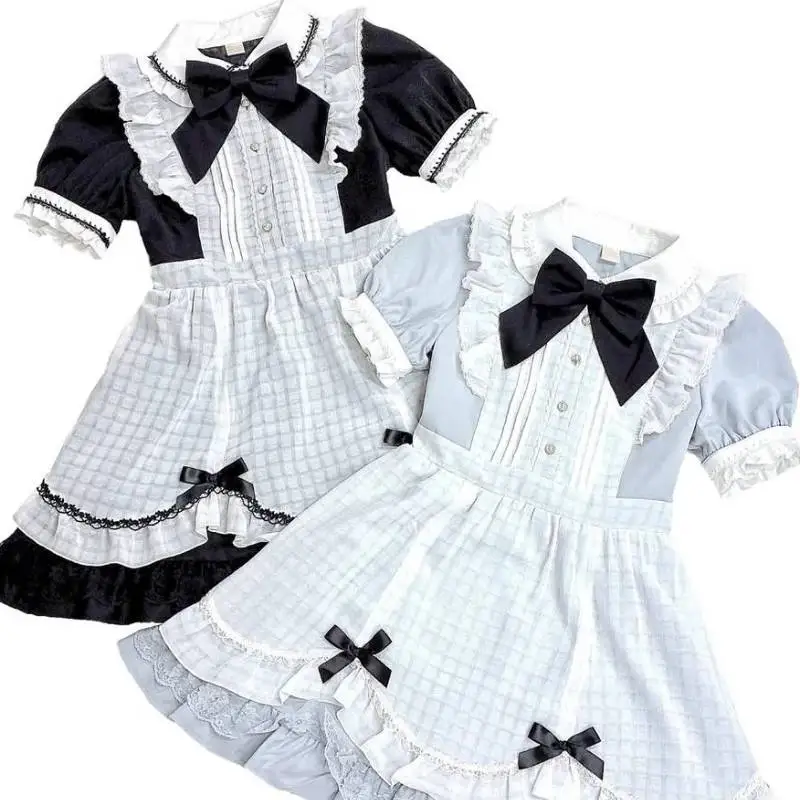 

Japanese Sweet Lolita Maid Dress Women Black White Lace Trim Tiered Ruffle A-Line Party Dress