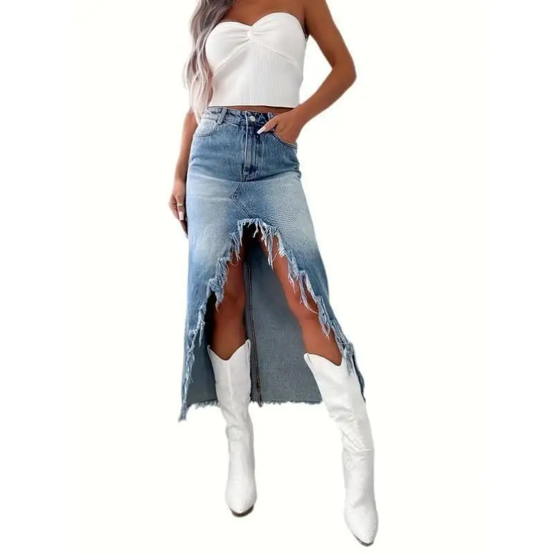 

High Waist Denim Skirt Women's Vintage Waed Spring New Sle Casual Sport Suit ort Sve T-irt Autumn Brand WNZ8674