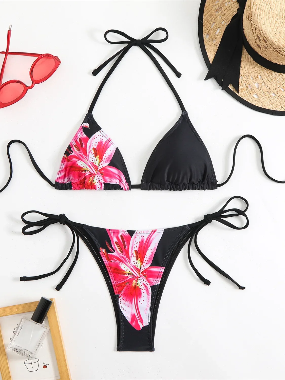 

Sexy Micro Bikini 2025 Women Black Floral Print Push Up Bra Tie Side Thong Swimsuit Brazilian Beach Bathing Suit Pool Swimwear