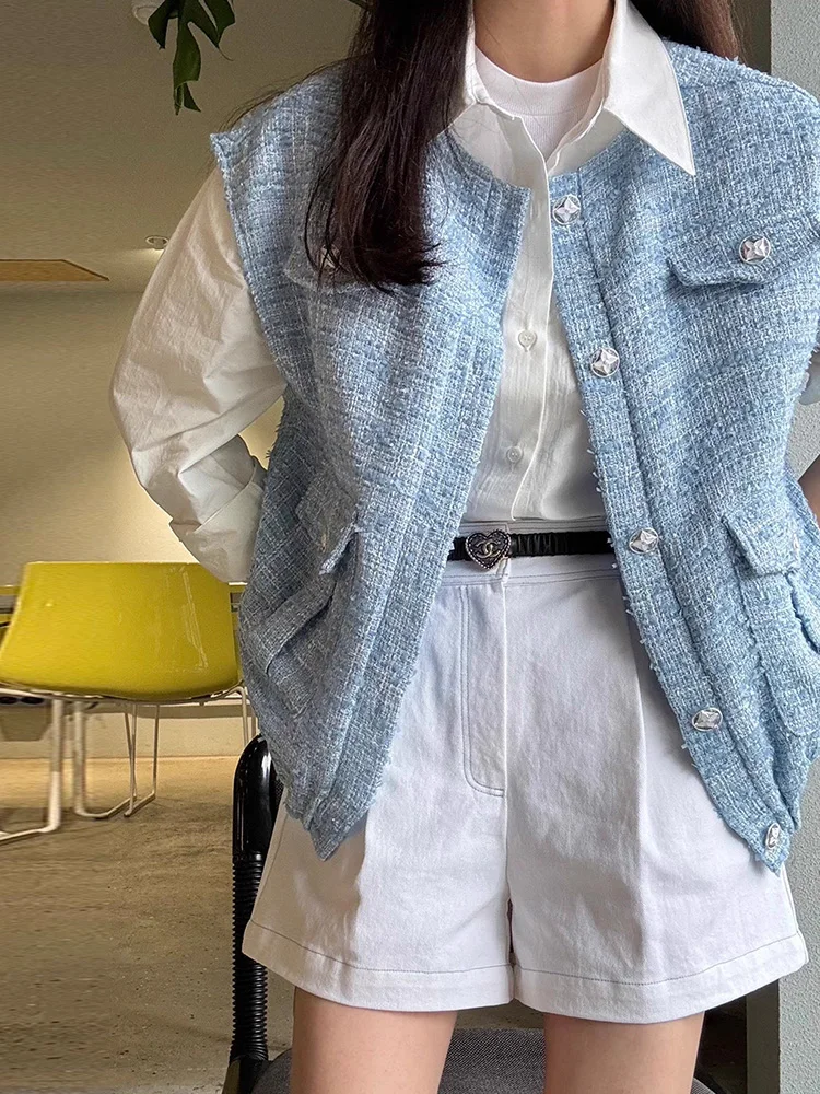 

Chic Autumn New Sle Ele Small Fraance Wind Unique Single Button Large ket Loose Coarse Weave Vest Jaet Women