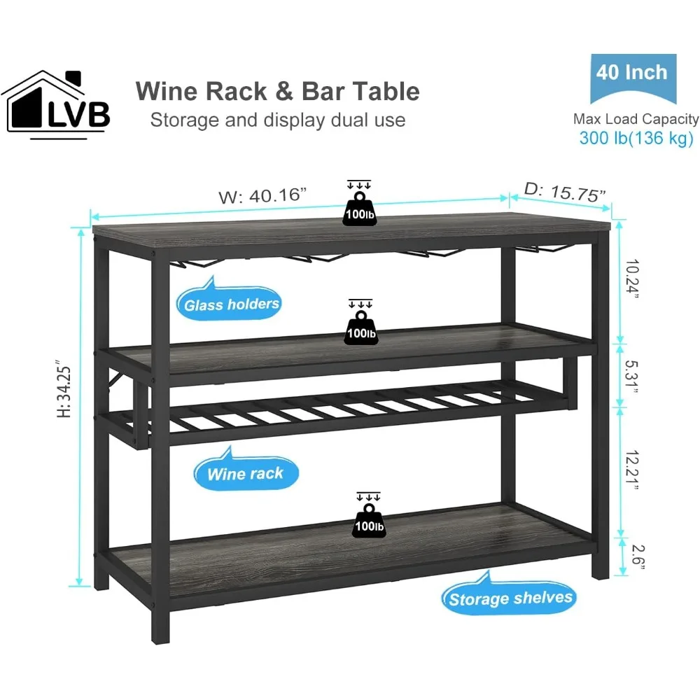 Wine Rack Table, Wine Bar Table Freestanding Floor, Rustic Bar Cabinet with Wine Shelf and Glass Holder, Wood and Metal Modern