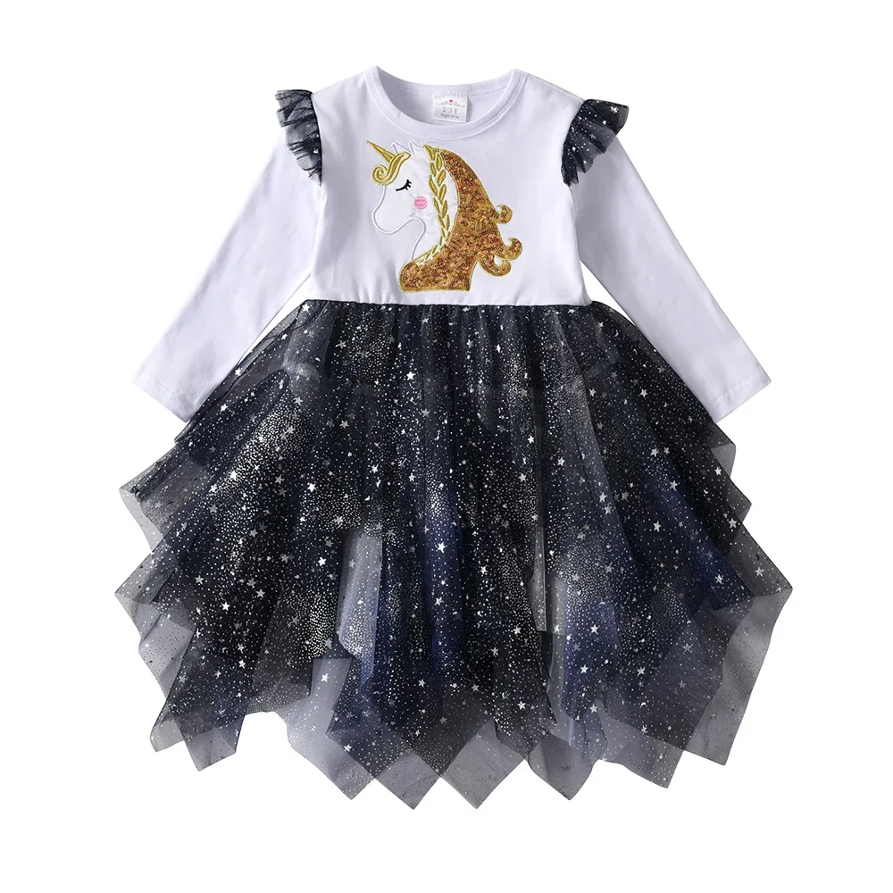 VIKITA Kids Unicorn Cartoon Dress Girls Flare Sleeve Autumn Spring Navy Blue Dresses Girls Layered Irregular Mesh Tulle Frocks