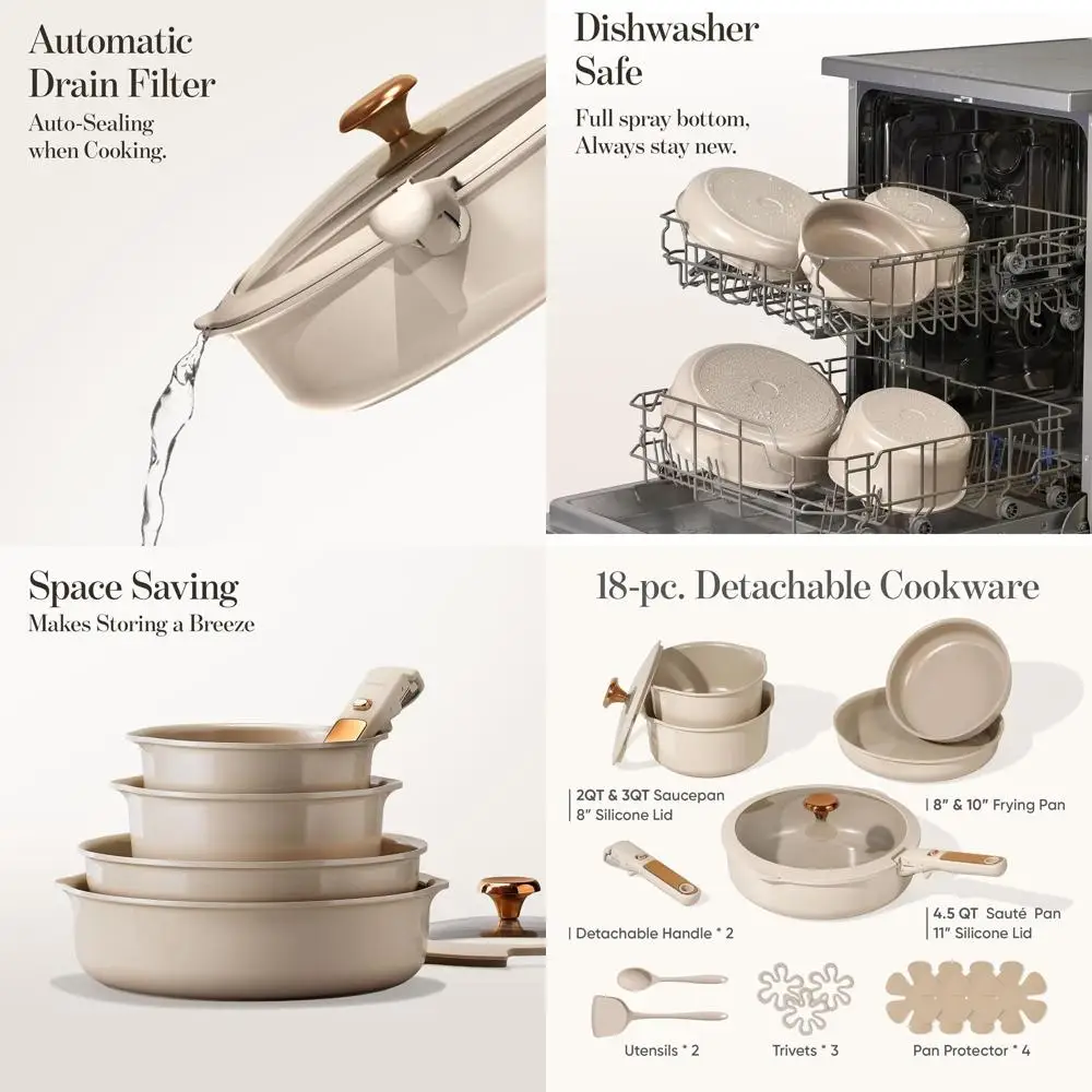 

Non-Stick Detachable Handle Ceramic Cookware Set, 18-Piece Pans and Pots, Oven & Dishwasher Safe, Induction Compatible