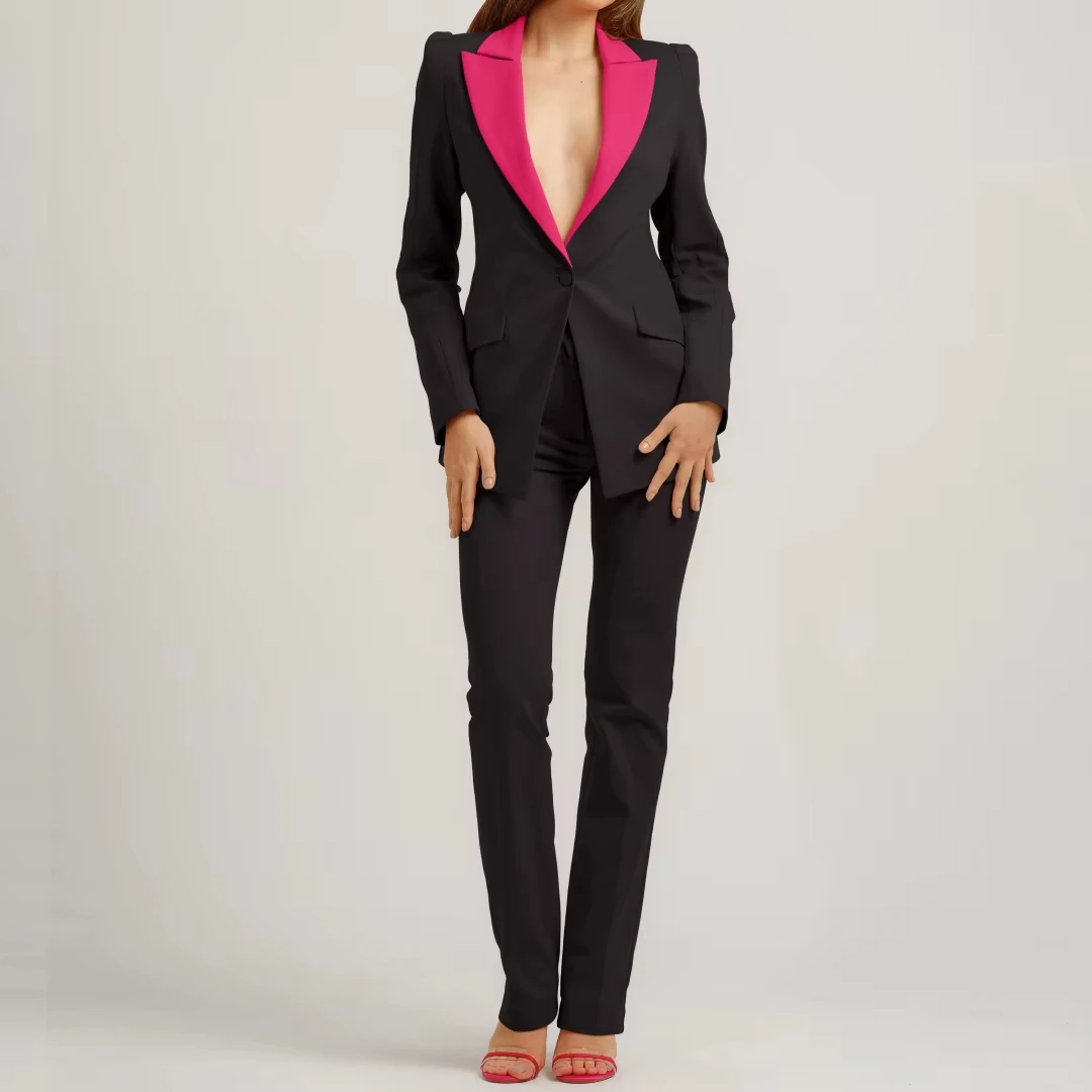 

Women Suit 2 Pieces Black With Rose Pink Lapel Single Button For Wedding Banquet Business Commute Shopping Travel Blazer Pants