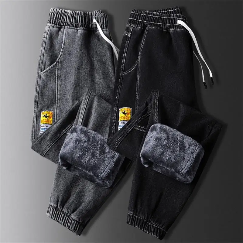 

Мужские свободные джинсы на флисовой подкладке, утепленные, зимние, с низкой талией, на шнурке, в стиле Harajuku, повседневные, молодежные, популярные