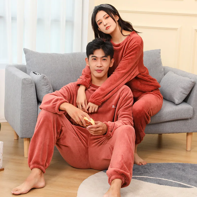 2Pcs/Set Autumn and Winter Coral Fleece Pajamas Thickened  Warm man And women Soft Long Sleeve Long pants Couple Homewear