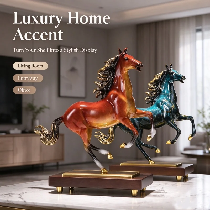 Brass Running Horse Statue Wood Base Feng Shui Success Animal Sculpture Home Office Desktop Ornament Business Opening Gift