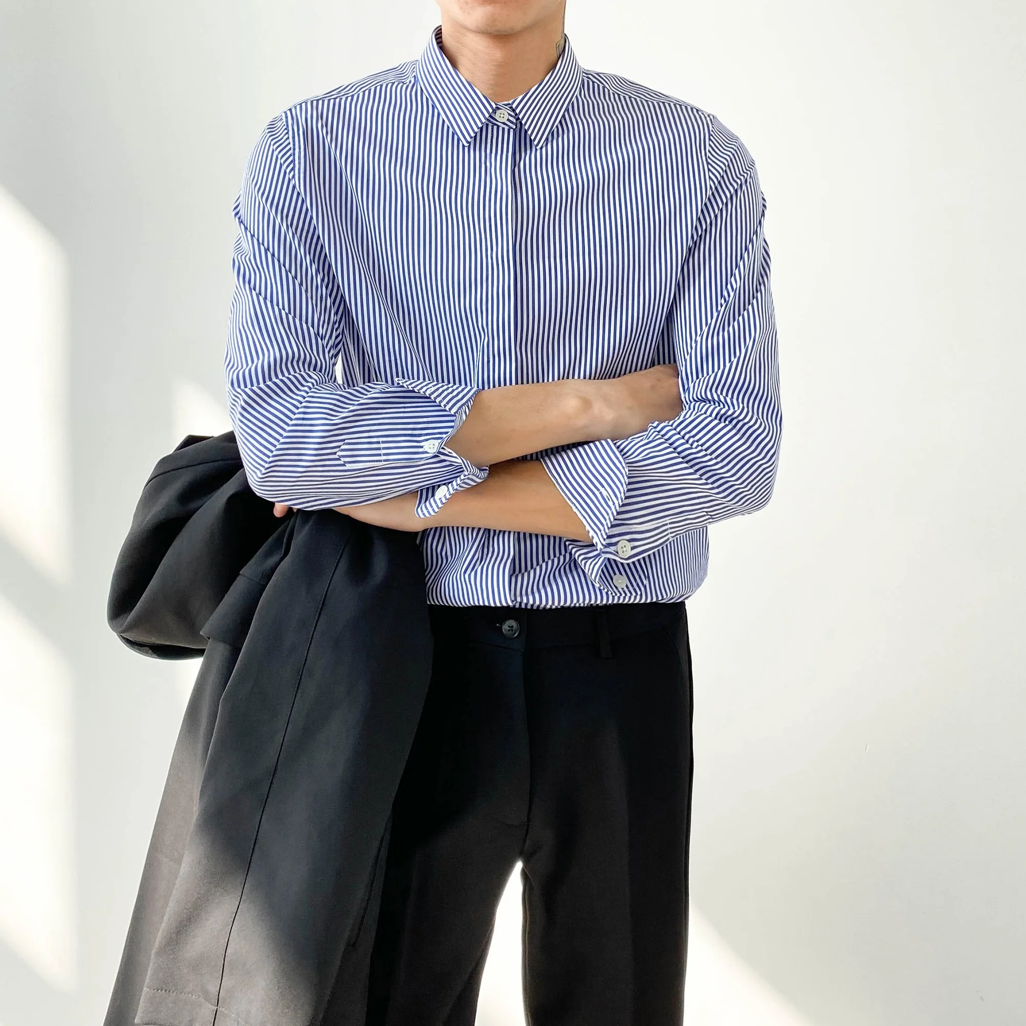 

Мужская длинная рубашка в полоску, повседневная, с потайными пуговицами, весна-осень, деловая, приталенная, высококачественная, повседневная