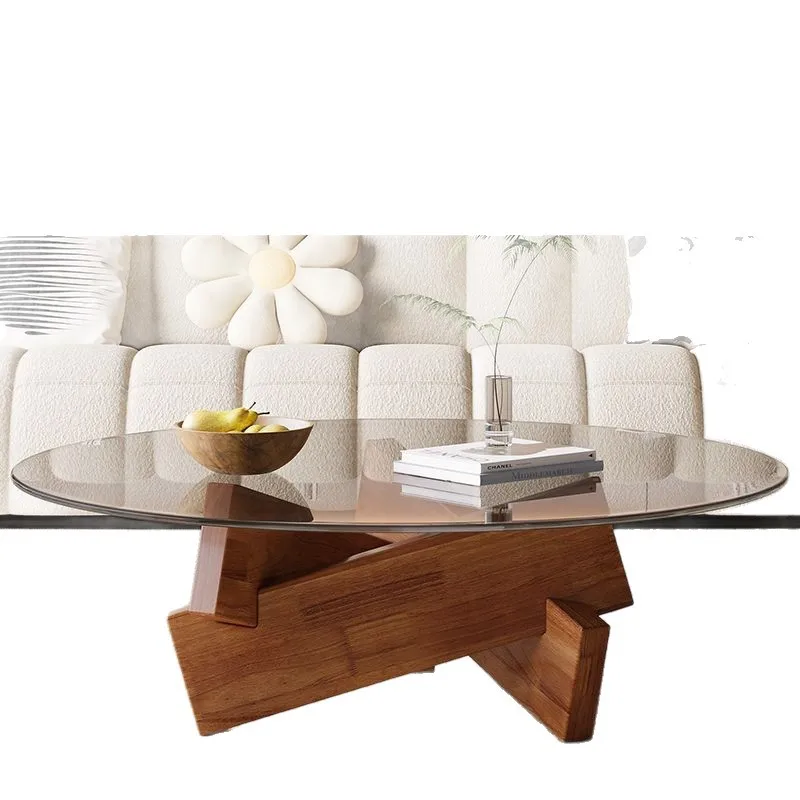 

Glass coffee table, household small apartment, solid wood round coffee table