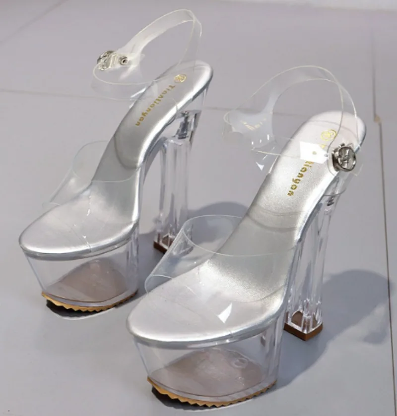 Quality Women Sandals Platform Pumps PVC 17CM Square Heel Summer Buckle Strap One Character Strip Women Shoes