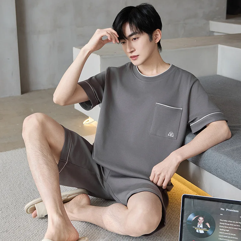 2026 Men's 100% Cotton Sleepwear for Summer 2Pcs/set Home Clothes Short Sleeves Shorts Loungewear Young Boy Male Pyjamas Hombre