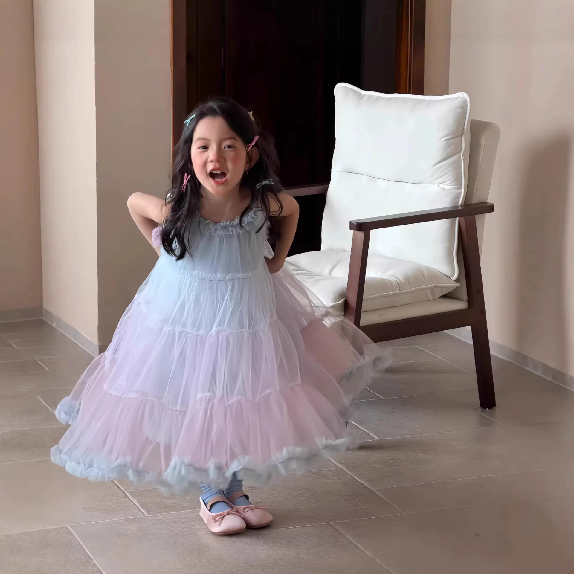Girls Mesh Suspender Skirt Summer Dress 26 New Rainbow Little Girl Foreign Style Cake Skirt Fluffy Skirt