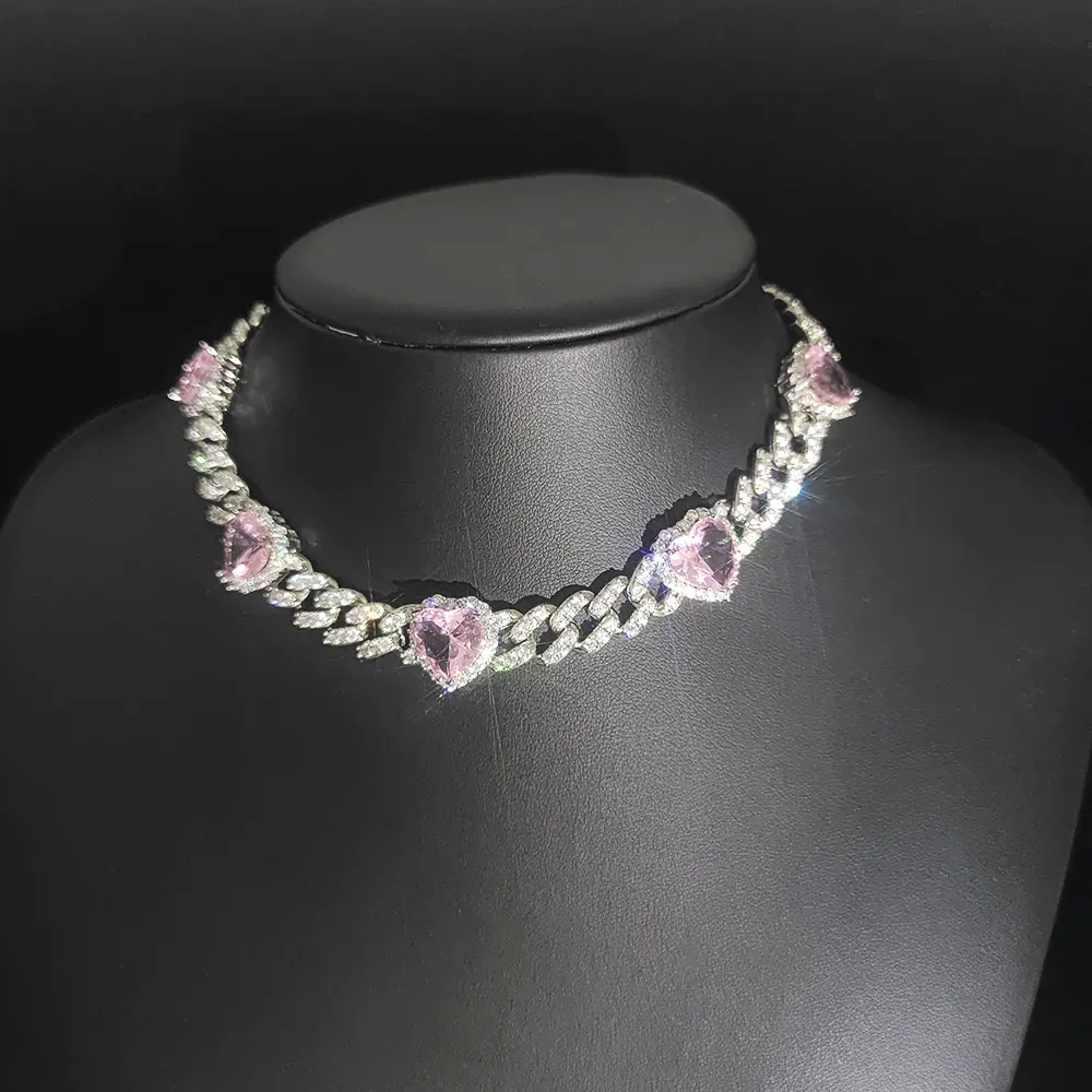 10mm Pink Heart CZ Silver Iced Out Cuban Chain Necklace Hip Hop Prong Link Chain Choker Necklace Women