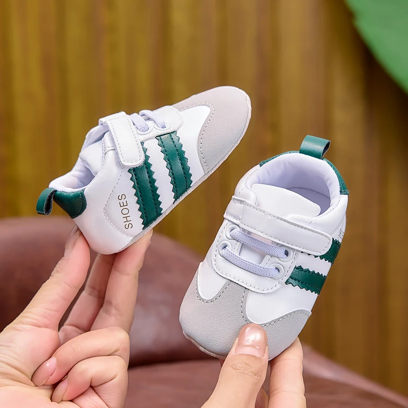 Frühlings- und Herbst-Babyschuhe, farblich abgesetzte, gestreifte Babyschuhe mit Klettverschluss, Lauflernschuhe mit weicher Sohle für Neugeborene, 0–12 Monate, Schuhe für Jungen und Mädchen – Detail 12