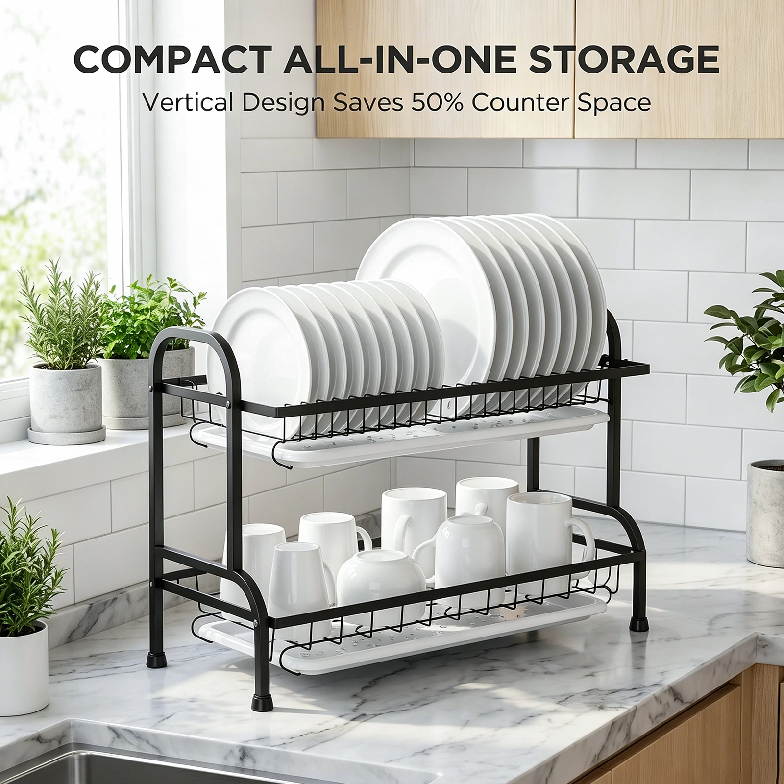 Scolapiatti a 2 livelli, organizer da cucina con portaposate, grande capacità, scaffale per piatti, ciotole, tazze e utensili, organizer per stoviglie da cucina per la casa