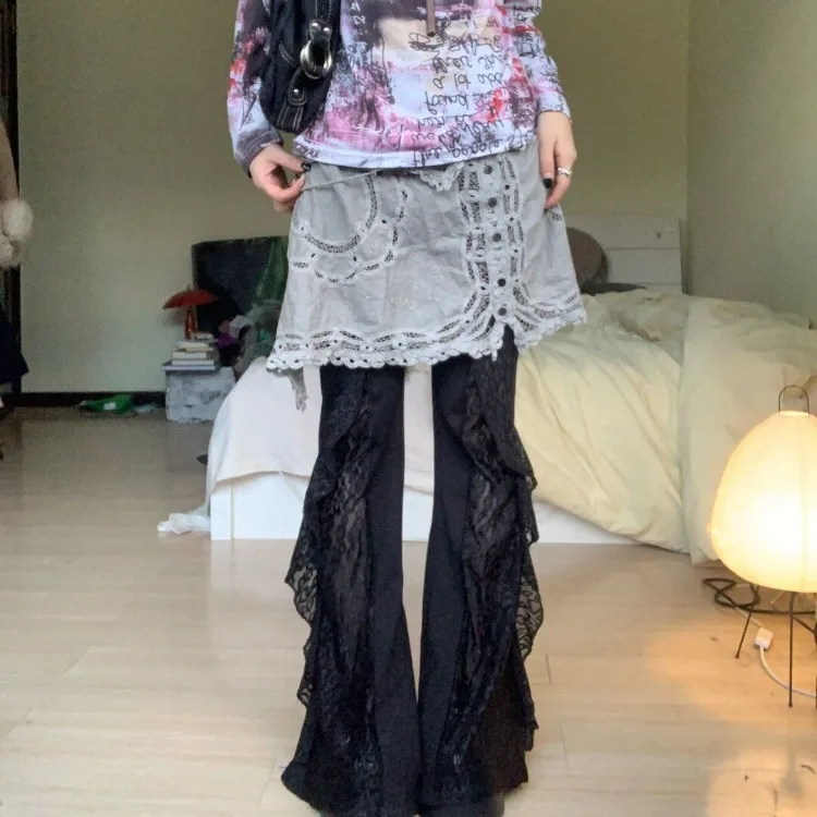 Sweet Cool Lace Patchwork Flare Pants 2025 Summer New Loose Wide Leg  Y2k E-Girl Jeans Slim Fit Bell Bottom 